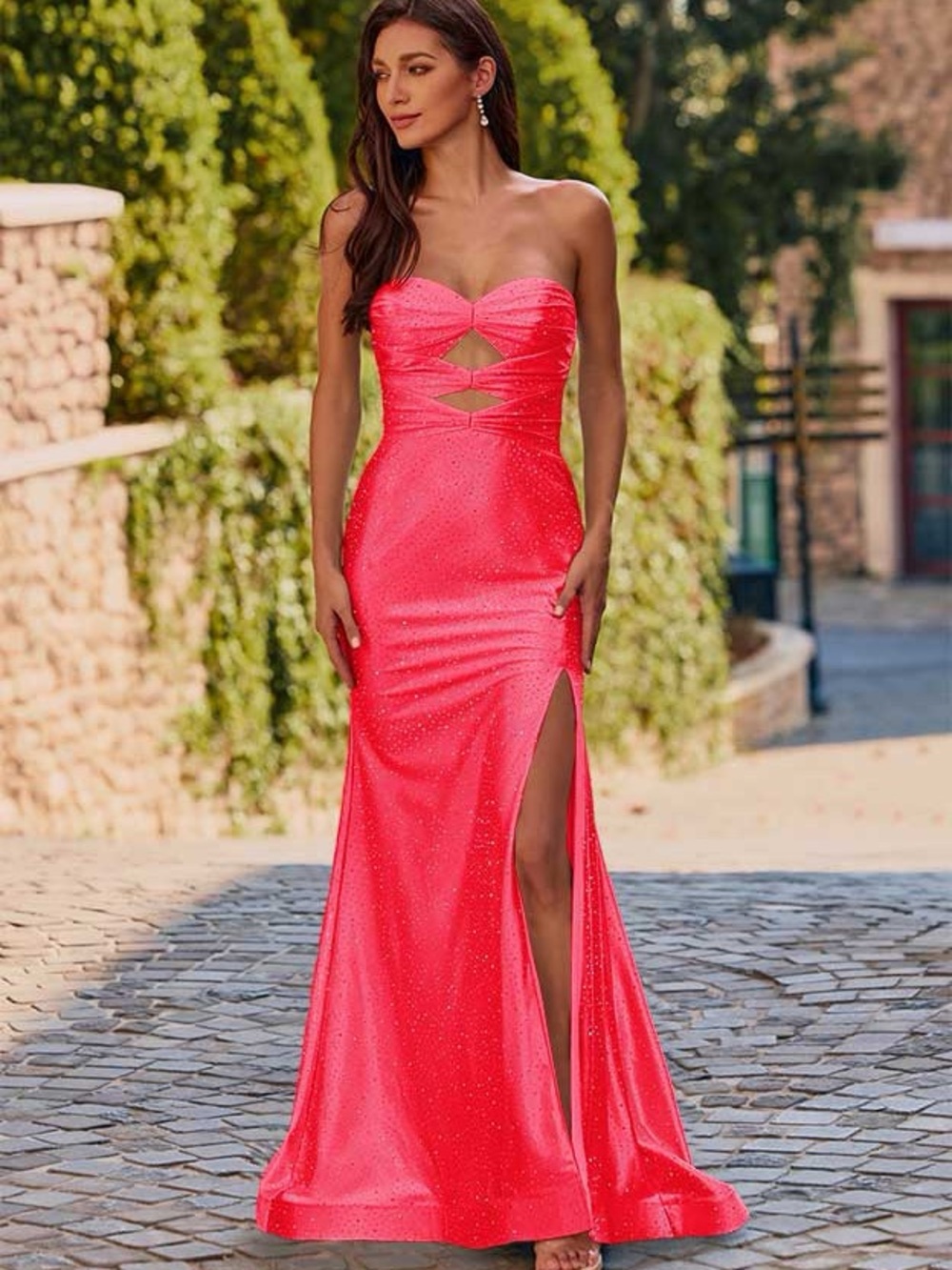 Stacees Hot Pink/ Coral Strapless Corset Prom Dress Evening Gown with Side Slit
